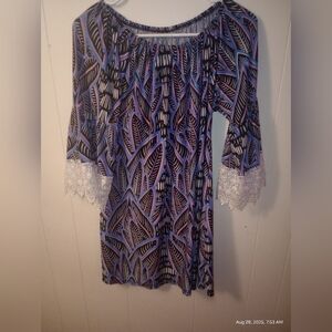 West Loop Blue and Purple Patterned Blouse with Lace Sleeves